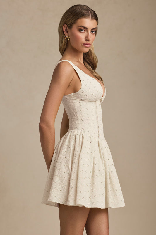Broderie Anglaise Bow-Detail A-Line Mini Dress in Ivory