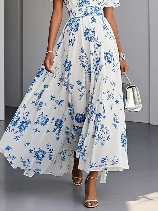 Blue Floral Chiffon V Neck Short Sleeve A-Line Maxi Dress