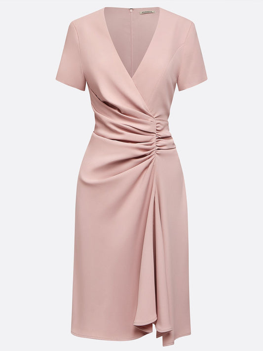 Pink Irregular Craftsmanship Ruched A-Line Short Sleeve Midi Dress