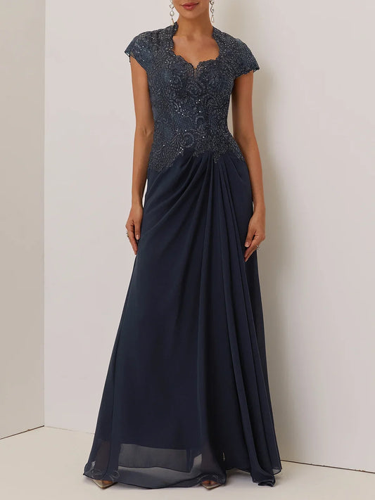 Purplish blue Sequin Lace Chiffon Dress Sweetheart Neckline Short Sleeve A-Line Maxi Mother of the Bride or Groom Dress