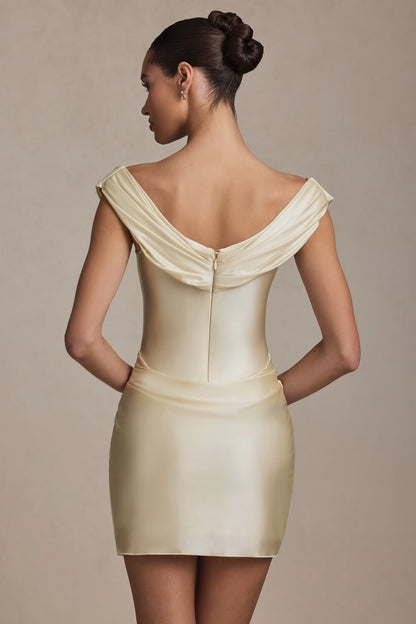 Off-Shoulder Draped Mini Dress in Ivory