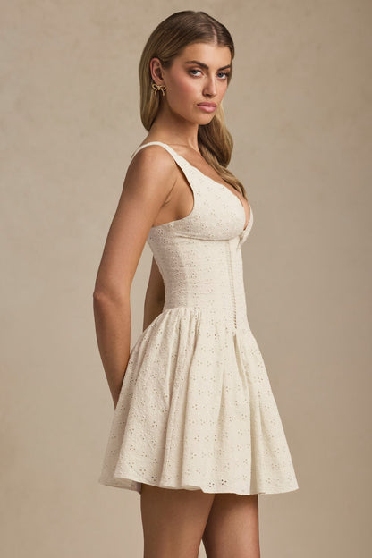 Broderie Anglaise Bow-Detail A-Line Mini Dress in Ivory