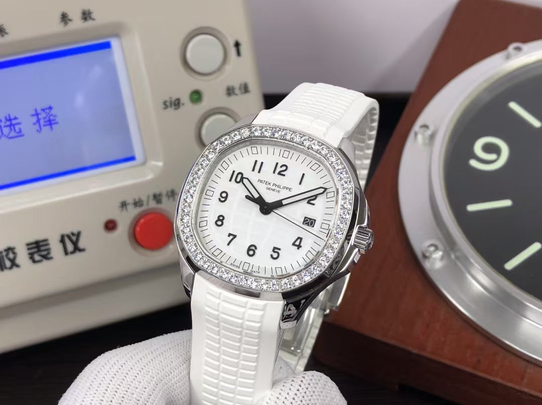 pp Aquanaut 5267/200A Swiss Quartz Movement Diamond Bezel White Rubber Band