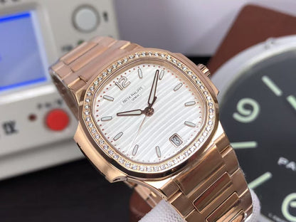 pp Nautilus Ladies 7118 Rose Gold Case White Dial Diamond Bezel with 324 Movement