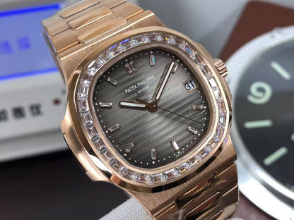 pp Nautilus 5711 Rose Gold Case Diamond Bezel Grey Dial with 324 Movement