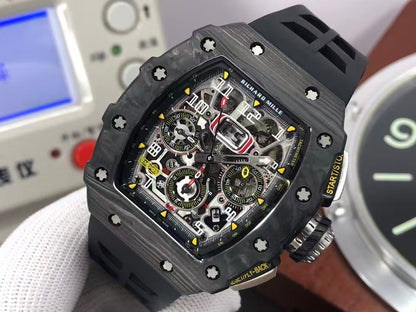 RM RM011 03 Black Carbon Case Skeleton Dial Black Rubber Strap