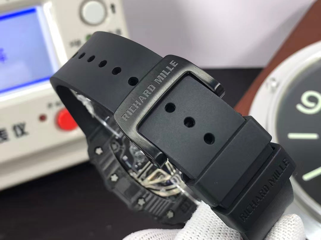 RM RM011 03 Black Carbon Case Skeleton Dial Black Rubber Strap