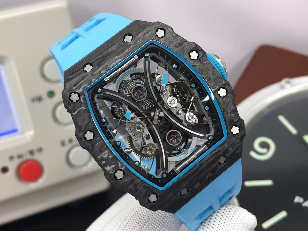 RM RM53 01 Pablo Mac Donough Tourbillon Movement Black Carbon Case Blue Rubber Strap
