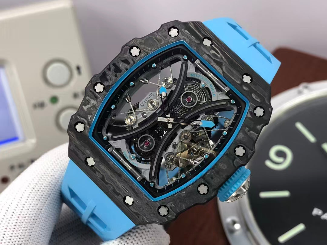RM RM53 01 Pablo Mac Donough Tourbillon Movement Black Carbon Case Blue Rubber Strap