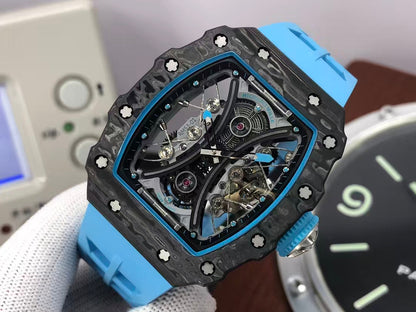 RM RM53 01 Pablo Mac Donough Tourbillon Movement Black Carbon Case Blue Rubber Strap