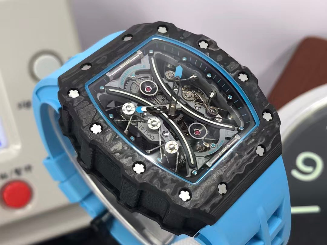 RM RM53 01 Pablo Mac Donough Tourbillon Movement Black Carbon Case Blue Rubber Strap