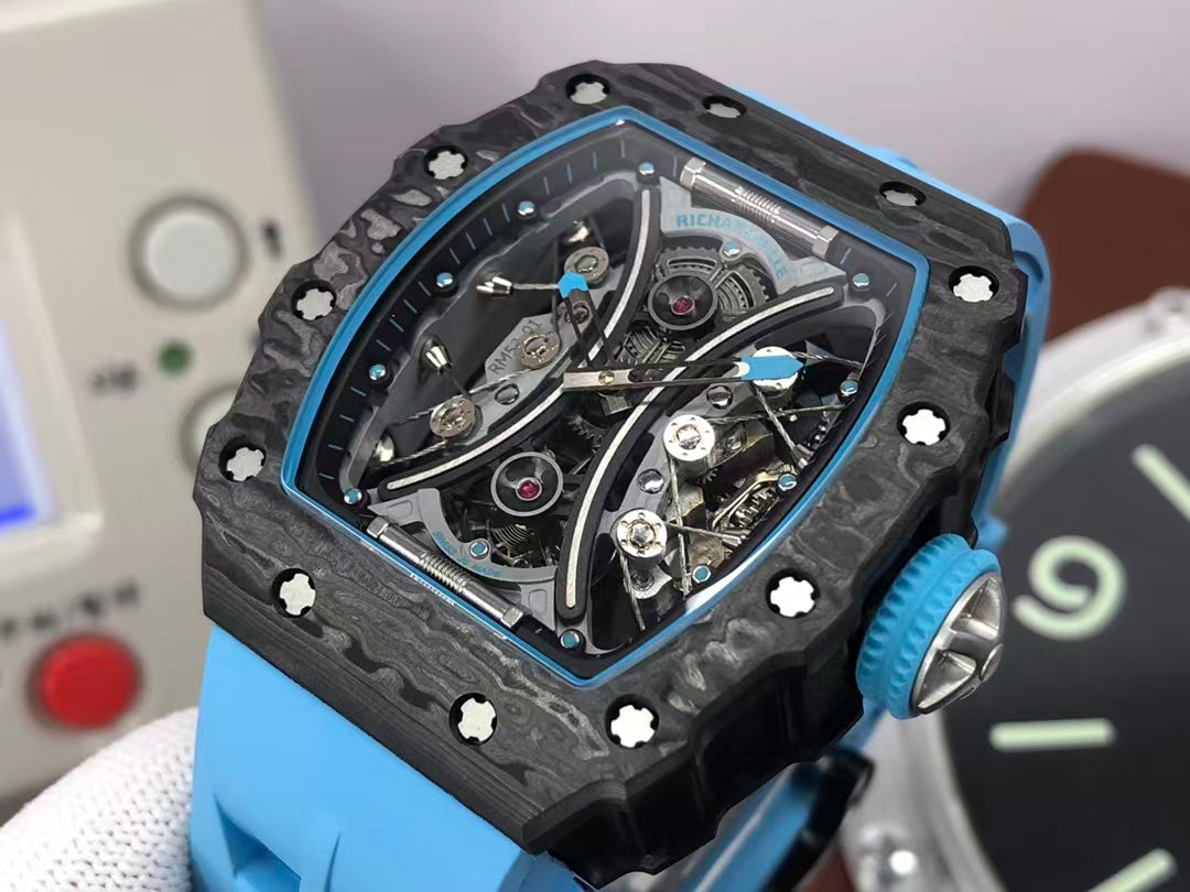 RM RM53 01 Pablo Mac Donough Tourbillon Movement Black Carbon Case Blue Rubber Strap