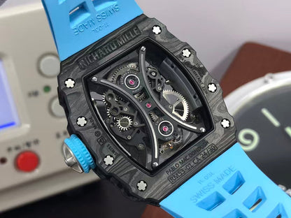 RM RM53 01 Pablo Mac Donough Tourbillon Movement Black Carbon Case Blue Rubber Strap