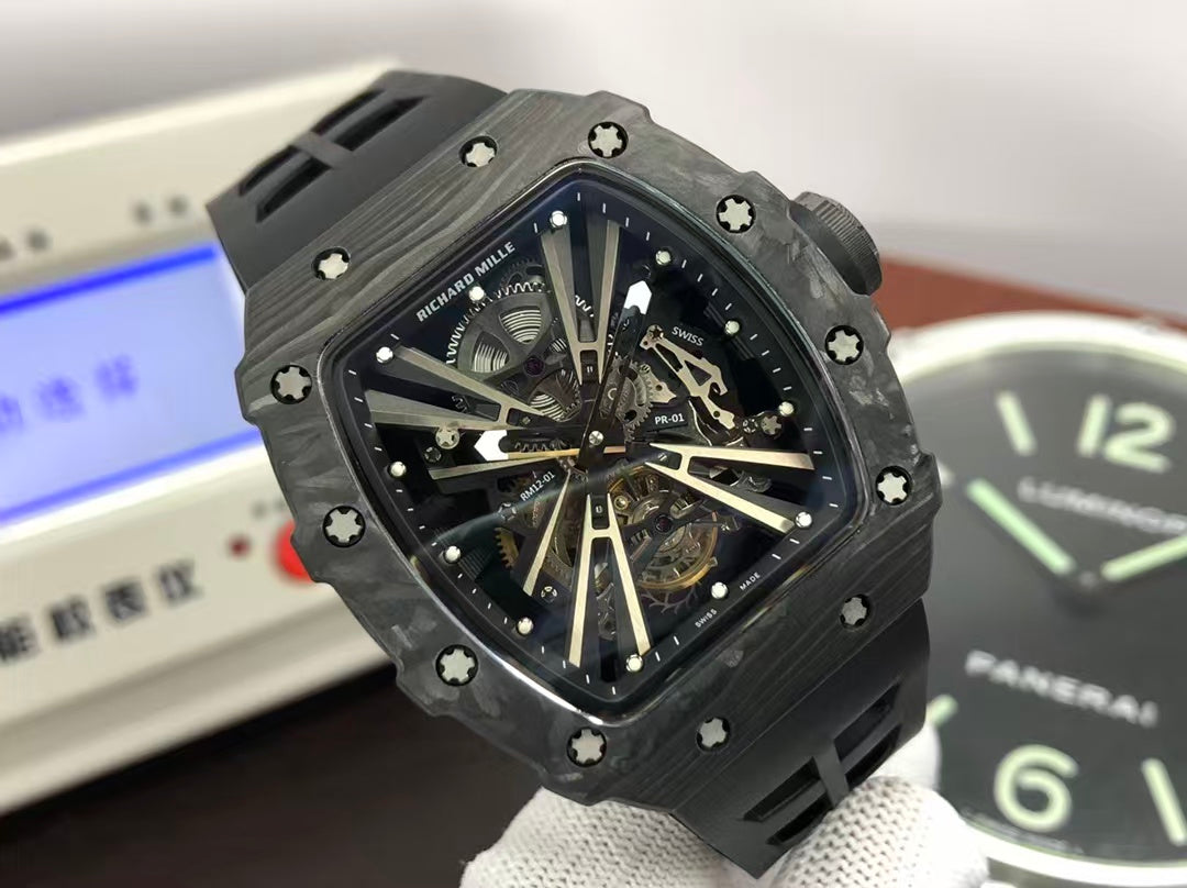 RM RM012 01 Black Carbon Case Handwinding Tourbillon Movement Black Rubber Strap