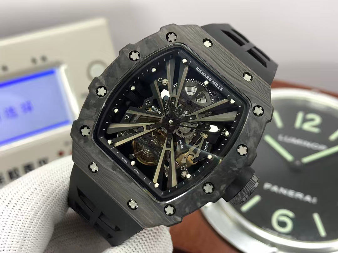 RM RM012 01 Black Carbon Case Handwinding Tourbillon Movement Black Rubber Strap