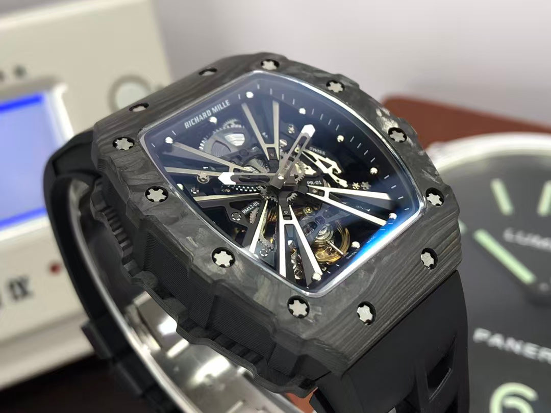 RM RM012 01 Black Carbon Case Handwinding Tourbillon Movement Black Rubber Strap