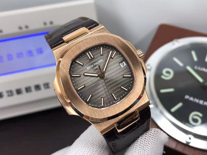 pp Nautilus 5711 Rose Gold Case Grey Dial Brown Leather Strap with 324 Movement