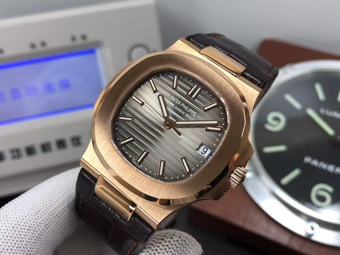 pp Nautilus 5711 Rose Gold Case Grey Dial Brown Leather Strap with 324 Movement
