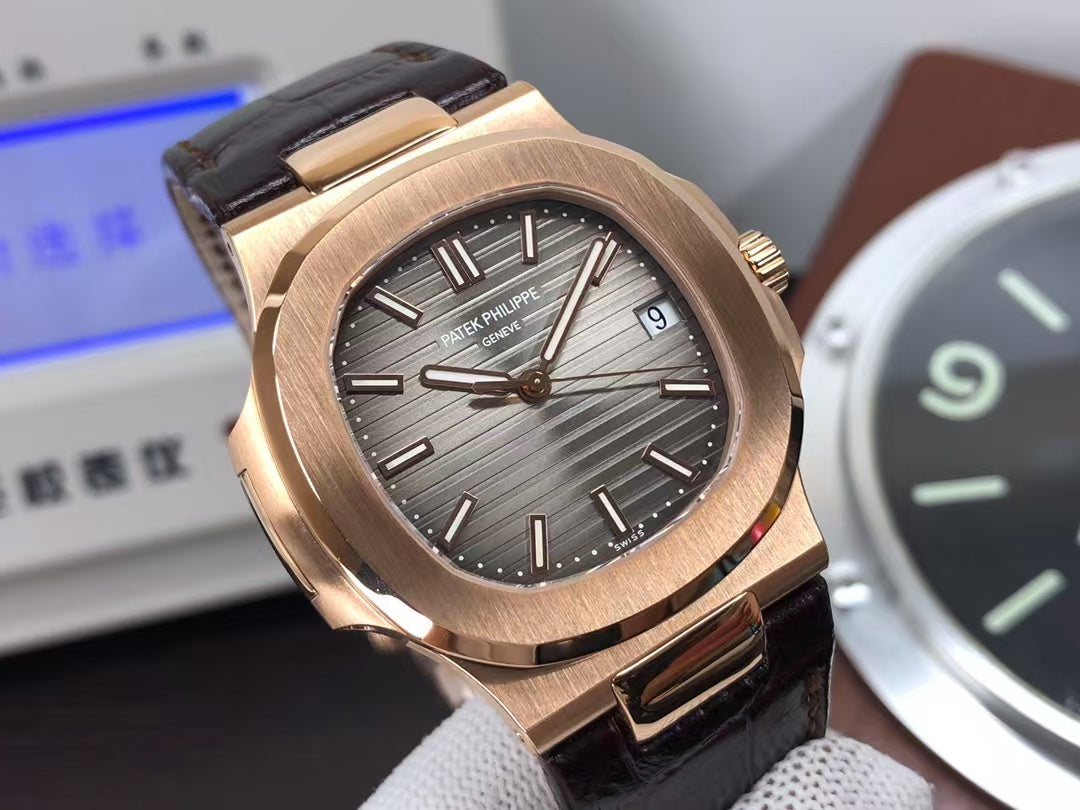 pp Nautilus 5711 Rose Gold Case Grey Dial Brown Leather Strap with 324 Movement