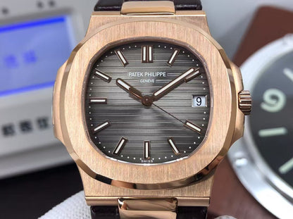 pp Nautilus 5711 Rose Gold Case Grey Dial Brown Leather Strap with 324 Movement