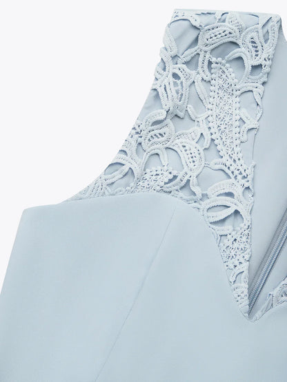 Light Blue Lace V Neck Sleeveless A-Line Midi Dress