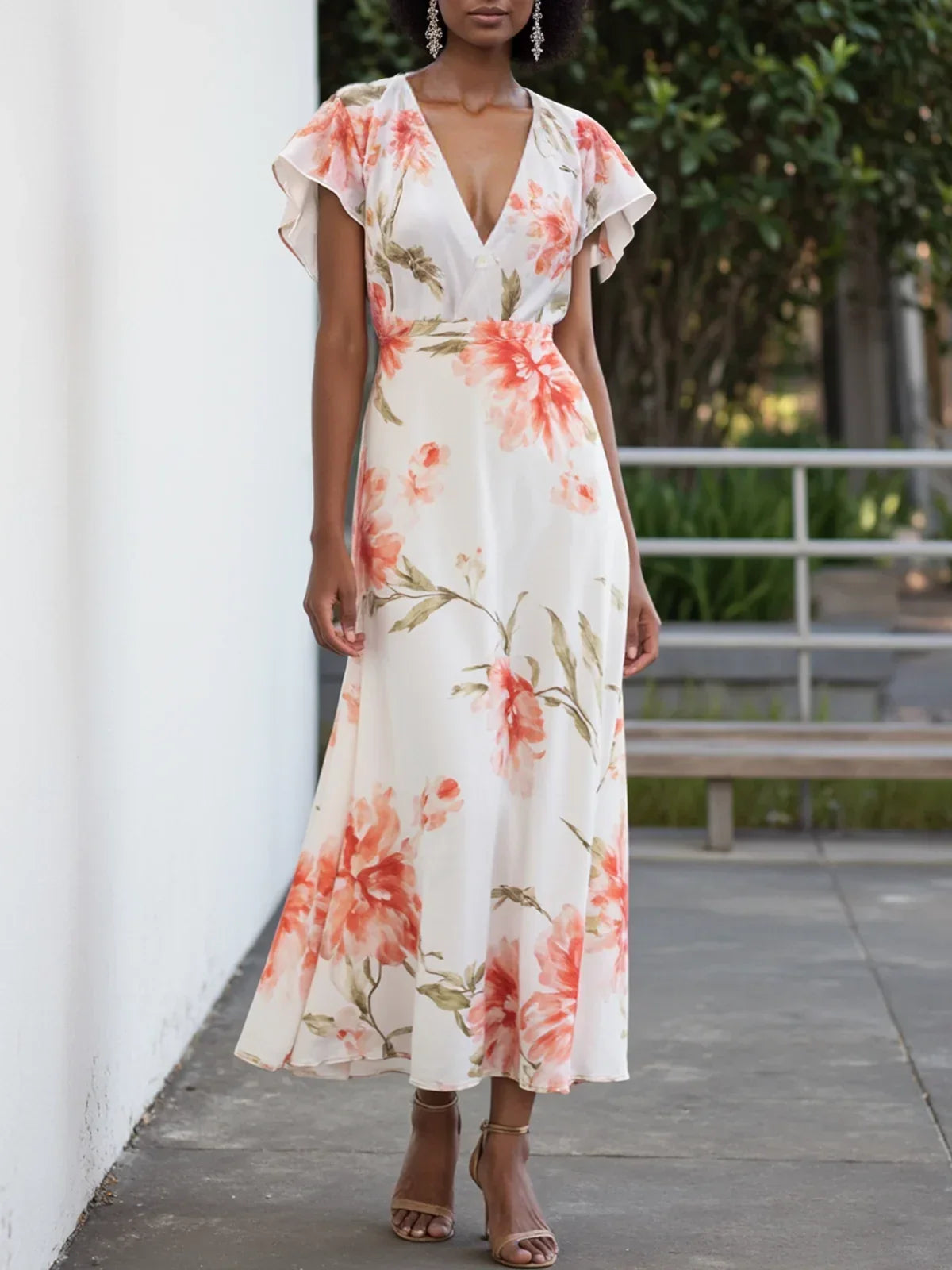 Orange Red Chiffon V Neck Short Sleeve Bell Sleeve A-Line Midi Dress