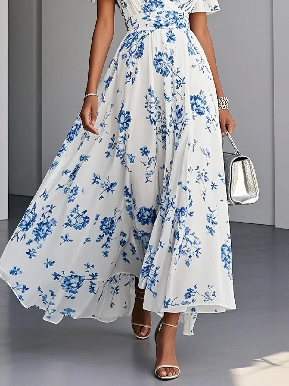 Blue Floral Chiffon V Neck Short Sleeve A-Line Maxi Dress