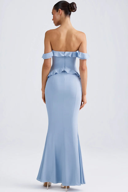 Off-Shoulder Ruffle-Trim Gown in Light Blue
