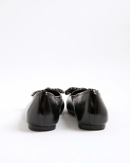 Black Wide Fit Chain Bow Ballet Pumps