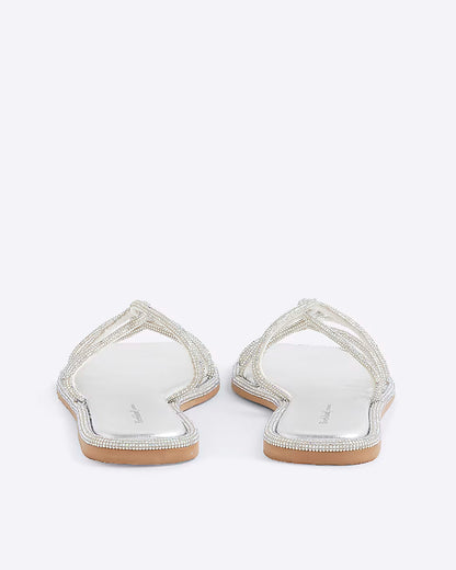 Silver Embellished Twist Strap Flat Sandals