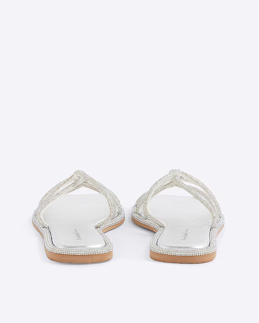 Silver Embellished Twist Strap Flat Sandals