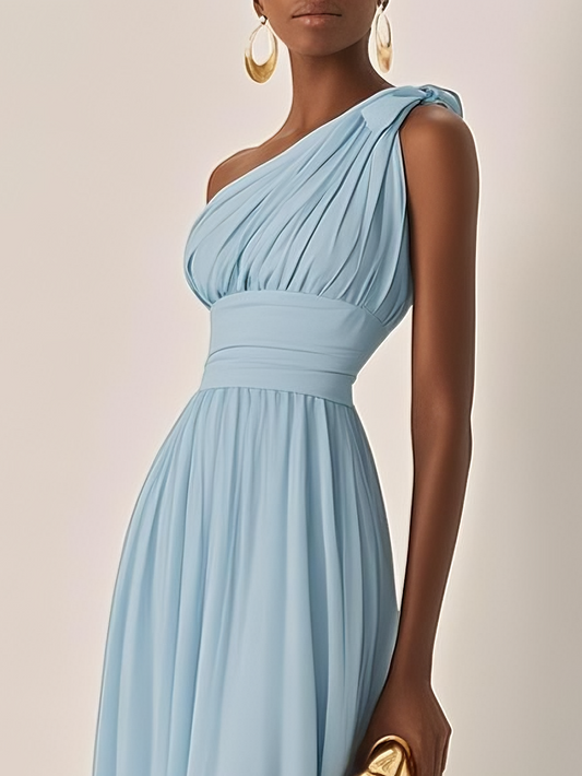 Light Blue Ruched Chiffon One Shoulder Sleeveless A-Line Maxi Dress