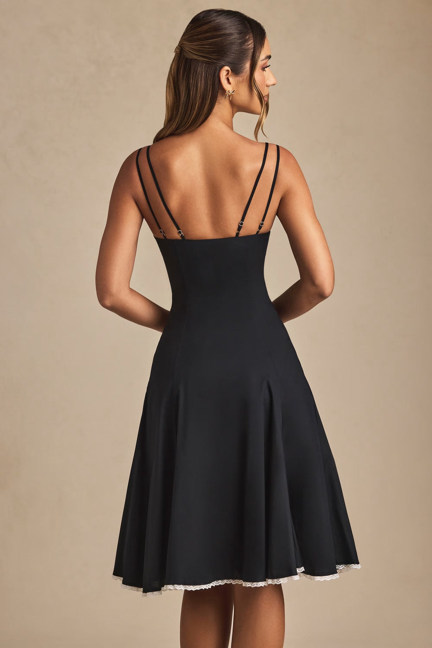 Bow-Detail Lace-Trim A-Line Midi Dress in Black