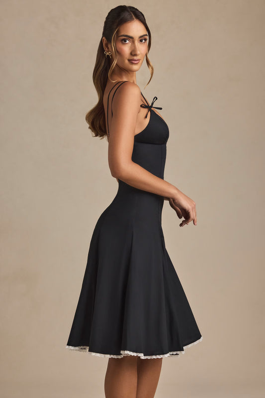 Bow-Detail Lace-Trim A-Line Midi Dress in Black