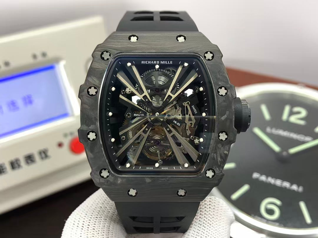 RM RM012 01 Black Carbon Case Handwinding Tourbillon Movement Black Rubber Strap