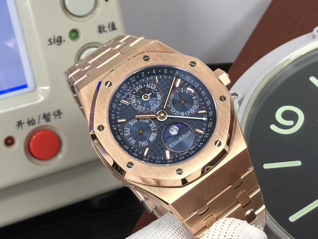 APSF ap Royal Oak Perpetual Calendar 26574 Moon Phase Rose Gold Blue Dial with 5134 Movement