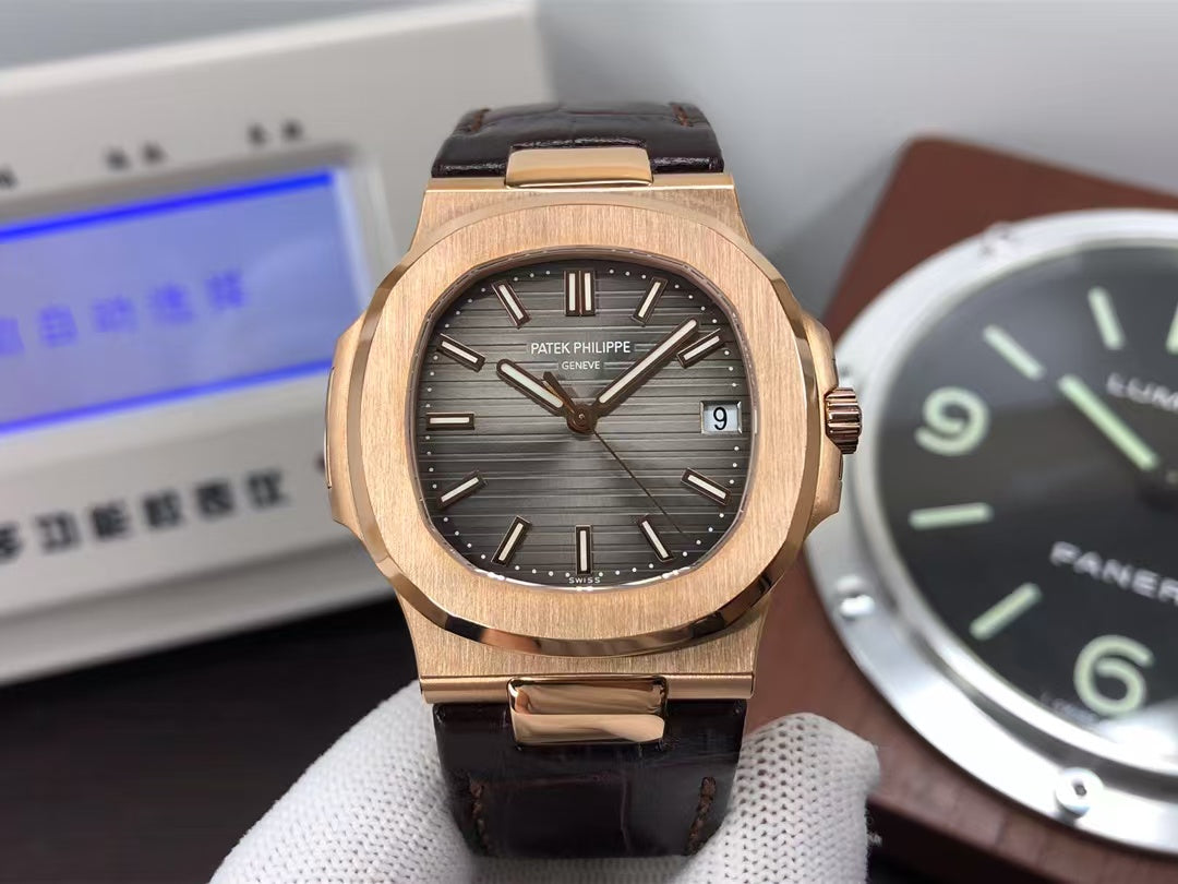 pp Nautilus 5711 Rose Gold Case Grey Dial Brown Leather Strap with 324 Movement