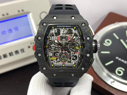 RM RM011 03 Black Carbon Case Skeleton Dial Black Rubber Strap