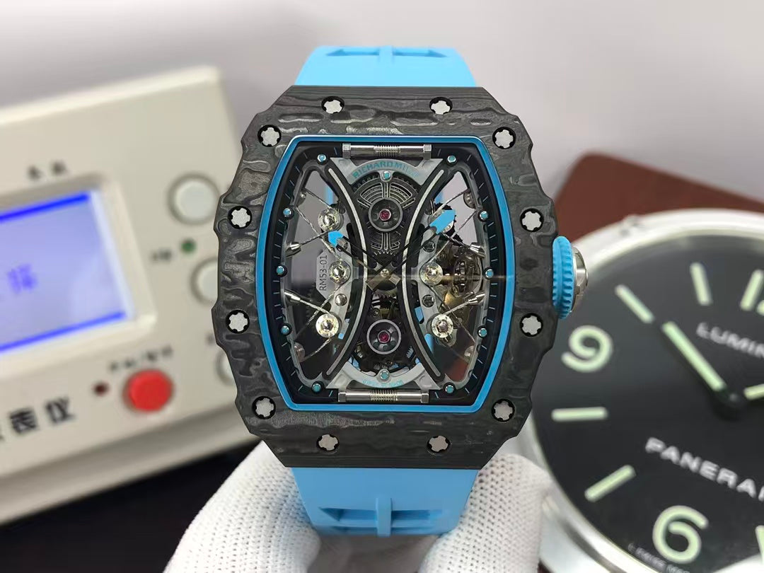 RM RM53 01 Pablo Mac Donough Tourbillon Movement Black Carbon Case Blue Rubber Strap