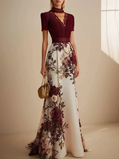 Wine Red Lace Floral Satin V Neck Short Sleeve A-Line Maxi Dress