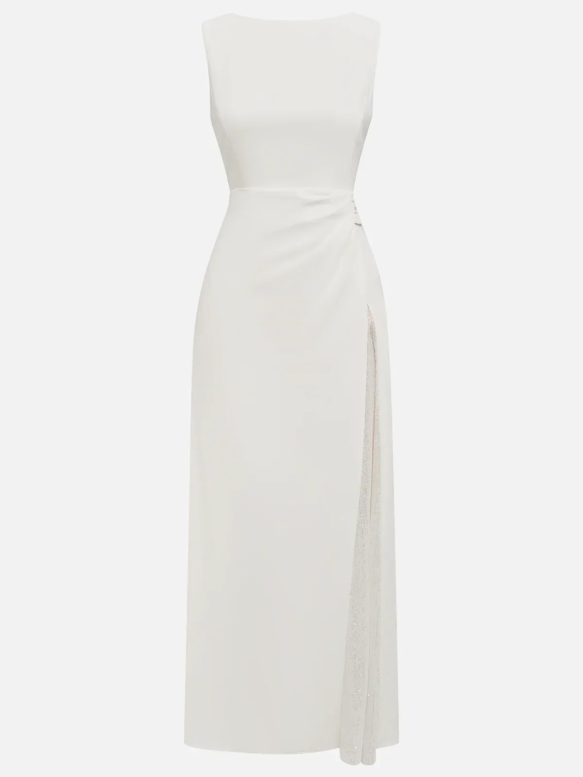 White Sequin Ruched Classic Sleeveless A-Line Midi Dress