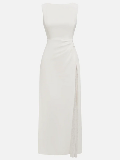 White Sequin Ruched Classic Sleeveless A-Line Midi Dress