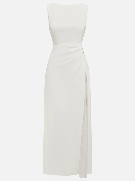 White Sequin Ruched Classic Sleeveless A-Line Midi Dress