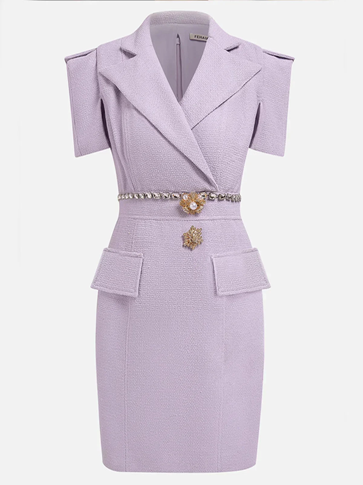 Lavender Purple Shawl Collar Short Sleeve Tweed Sheath Mini Homecoming Dress