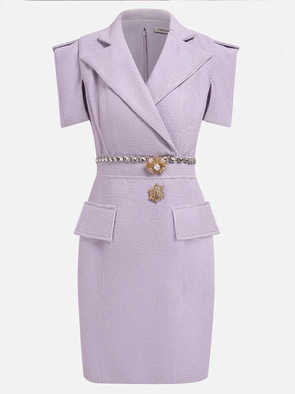 Lavender Purple Shawl Collar Short Sleeve Tweed Sheath Mini Homecoming Dress