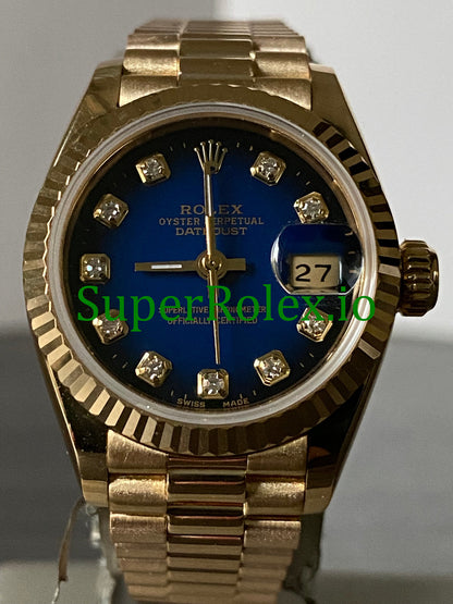 Rolex Lady-Datejust 26MM Yellow Gold Blue Vignette Diamond Dial Ref.69178
